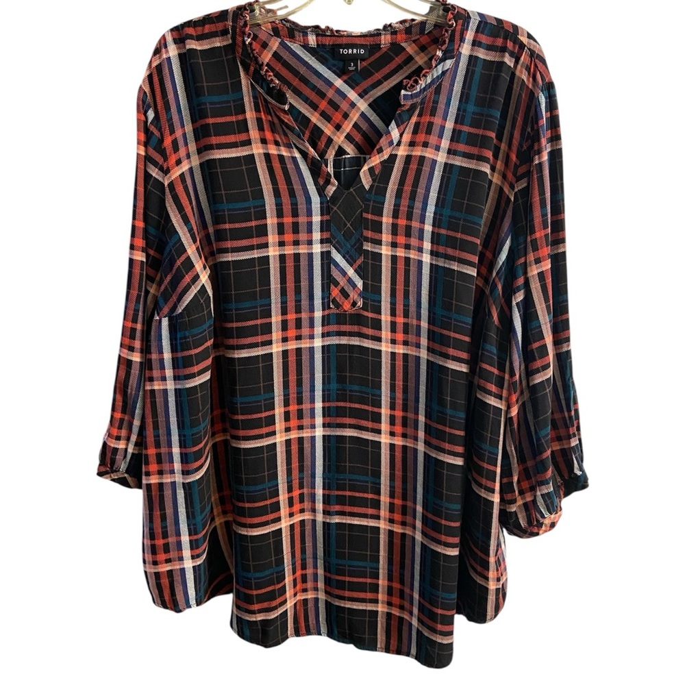 torrid Black Plaid Split V-Neck Tunic with Red  Stripes 3X